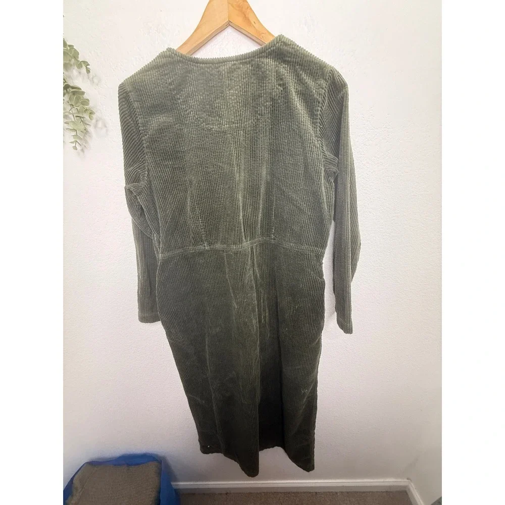 LL Bean Corduroy Midi Dress Womens 12 Olive Green Button Cotton Long Sleeve - Picture 5 of 5